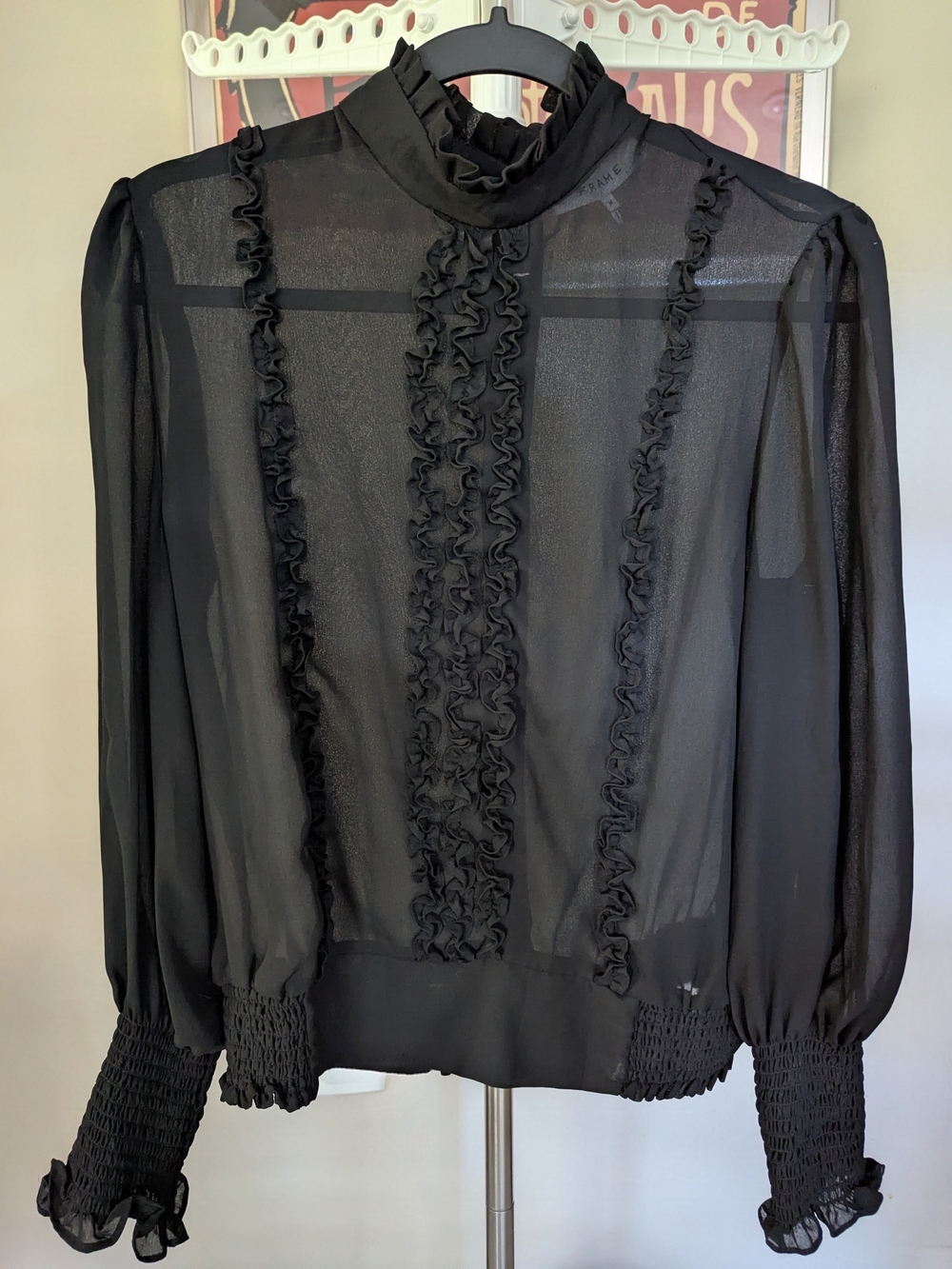 $45 FRAME Size M - Noir Black Smocked Ruffle Front Mock Neck Sheer Blouse EUC